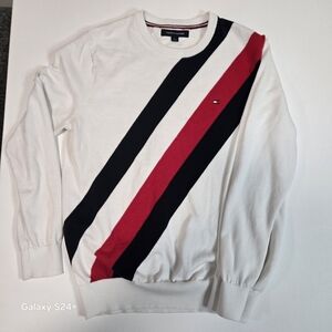 Tommy Hilfiger Men's White Sweater with Red and Black Stripes